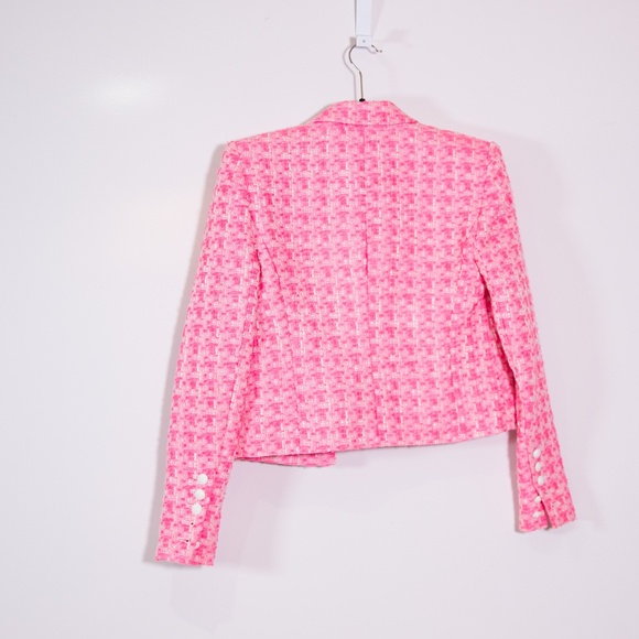 NEW L'Agence Inez Cropped Open Front Tweed Boucle Jacket Bblazer Hot Pink 2 - Picture 4 of 4